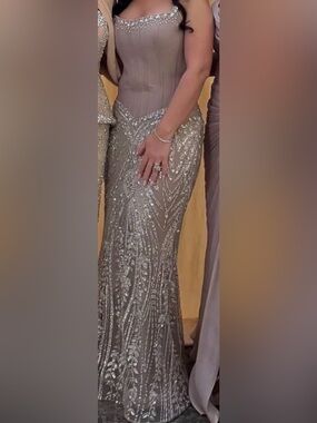 Embellished Taupe Evening Gown with Corset Bodice